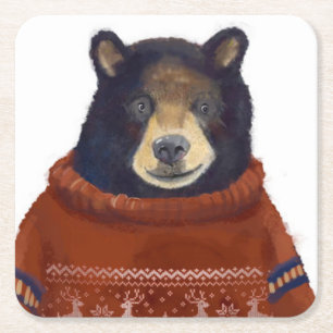 Roter Ren-Strickjacke-Bär Rechteckiger Pappuntersetzer
