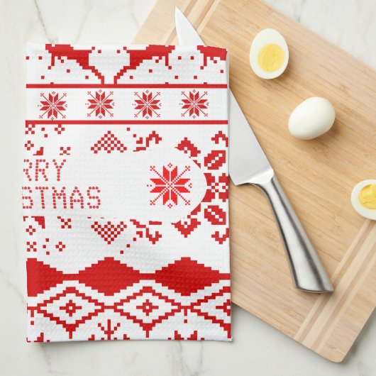 Roter Rentier Knittermuster Weißer Hintergrund Handtuch (Viertel Falte)