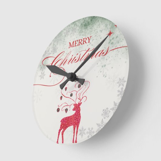 Roter Rentier Silver Snowflakes Grüne Weihnachten Runde Wanduhr (Winkel)