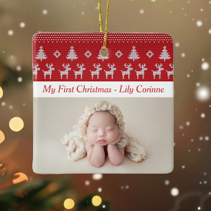 Roter Rentiere Klassisch Baby's 1. Weihnachten Fot Keramikornament