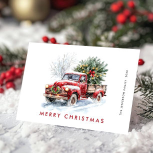 Roter Retro-Bauernhof-LKW Weihnachtsbaum-Grußkarte Feiertagskarte