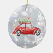 Roter Retro Käfer mit Weihnachtsbaum, Leuchten, Keramik Ornament (Links)