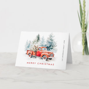 Roter Retro-Landwirtschaftslaster-Weihnachtsbaum-G Feiertagskarte