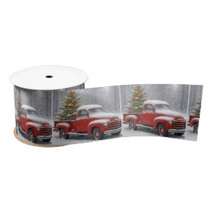 Roter Retro-Lieferwagen mit Weihnachtsbaum Satinband
