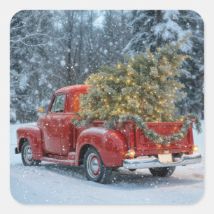 Roter Retro-LKW mit Weihnachtsbaum in Schneeflocke Quadratischer Aufkleber