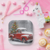 Roter Retro-LKW mit Weihnachtsbaum Pappteller (Party)