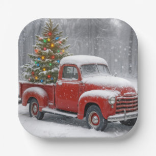 Roter Retro-LKW mit Weihnachtsbaum Pappteller