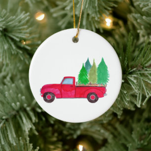 Roter Retro-Pickup-Truck mit Bäumen Keramik Ornament