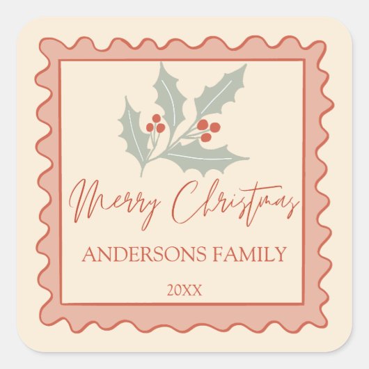 Roter Retro Post Briefmarke Rahmen frohe Weihnacht Quadratischer Aufkleber (Vorderseite)