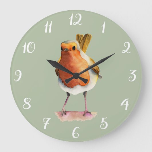 Roter Robin-Vogelniedliche Watercolor-Kunst Große Wanduhr (Vorderseite)