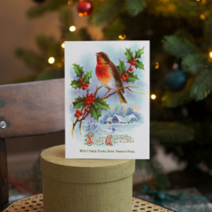 Roter Robin Weihnachts-Stechpalme Vintage-Grußtext Einladung