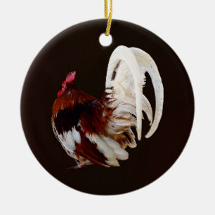 Roter Rooster mit Federn aus weißem Schwanz Keramik Ornament