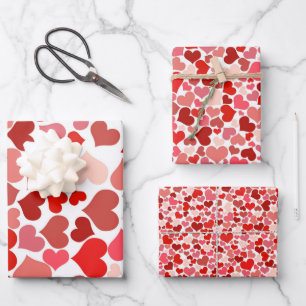 Roter Rosa Herzdesign Flat Geschenkpapier Set