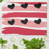 Roter Rosa Streifen mit schwarzen Herzmustern Geschirrtuch (Gefaltet)