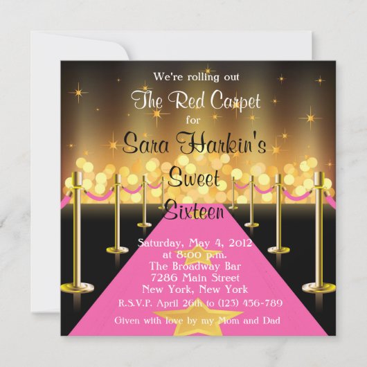Roter/rosa Teppichhollywood-Bonbon 16 laden ein Einladung (Vorderseite)