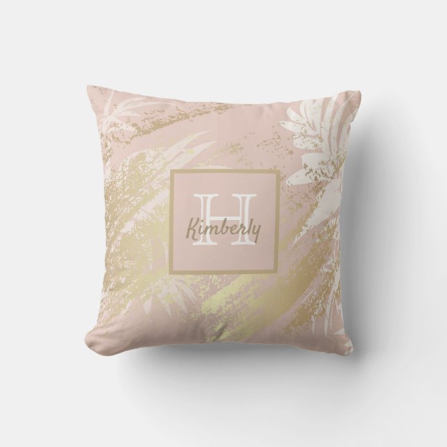Roter Rose Goldpalme Blätter Monogramm Kissen (Vorderseite)
