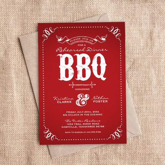 Roter rustikaler Probedinner-Abend BBQ Einladung