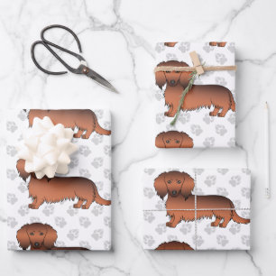 Roter Sable Langhaar-Dachshund-Hundemuster & Pfote Geschenkpapier Set