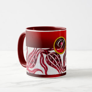 ROTER SAMT-TULPEN-MONOGRAMM Damast Burgunderrot We Tasse