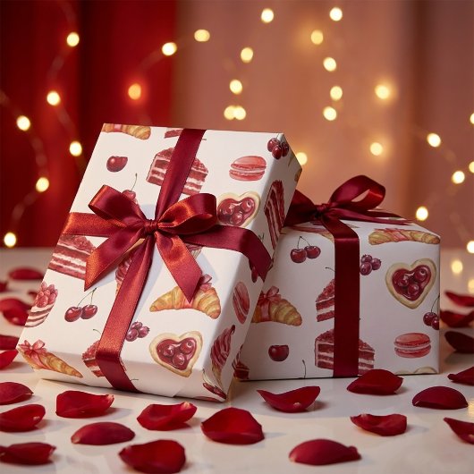 Roter Samt- und Kirsch-Dessert-Muster Wasserfarbe Geschenkpapier