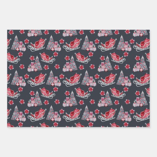 Roter Santa Sleigh und Bäume auf Rot, Grau und Sch Geschenkpapier Set (Vorderseite 3)