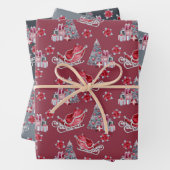 Roter Santa Sleigh und Bäume auf Rot, Grau und Sch Geschenkpapier Set (Beispiel)