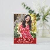 Roter Save the Date Abschluss Foto Skriptherzen Einladungspostkarte (Stehend Vorderseite)