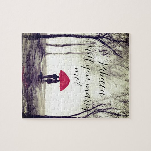 Roter Schirm Liebe Pärchen Aquarellfarben Hochzeit Puzzle (Horizontal)