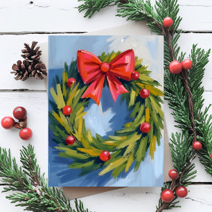 Roter Schleife Weihnachtskranz Aquarell Feiertagskarte