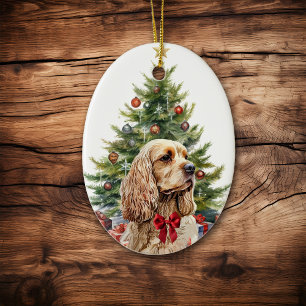 Roter Schleifen-Buff-Blond-Cocker-Spaniel-Hund Keramik Ornament