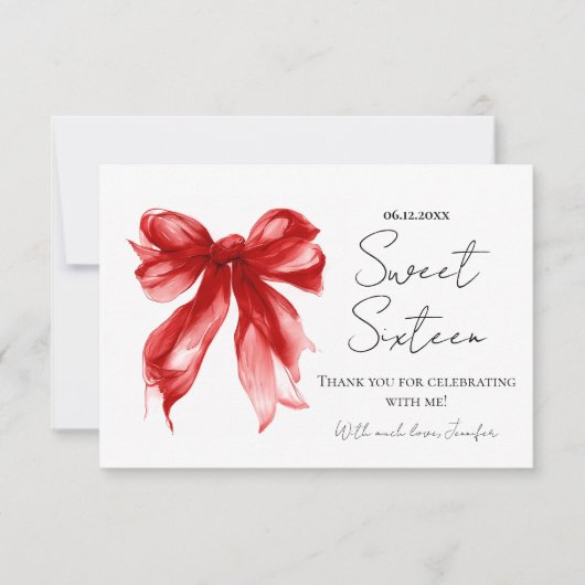 Roter Schleifen-Coquette-Script Sweet 16 Danke (Vorderseite)