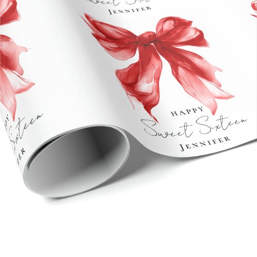 Roter Schleifen-Coquette-Script Sweet 16 Party  Geschenkpapier (Rolleneckpunkt)