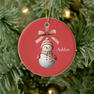 Roter Schleifen Schneemann Weihnachten Keramik Ornament