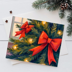 Roter Schleifen Weihnachtsbaum Wasserfarbe Feiertagspostkarte
