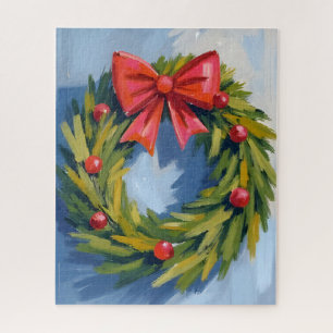 Roter Schleifen-Weihnachtskranz Wasserfarbe Puzzle