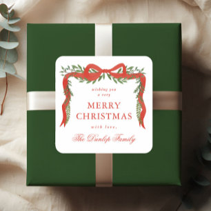 Roter Schleifenbögen-Grün-Weihnachts-Geschenkanhän Quadratischer Aufkleber