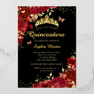 Roter Schmetterling Elegante Gold Quinceanera Folieneinladung