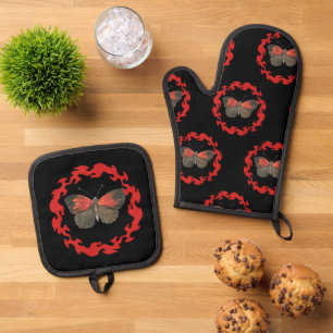 Roter Schmetterling im Kreis des Feuers - Symbol d Ofenhandschuh & Topflappen-Set