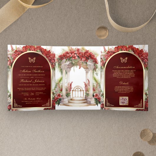 Roter Schmetterlingsgarten auf einer Hochzeit Dreifach Gefaltete Einladung
