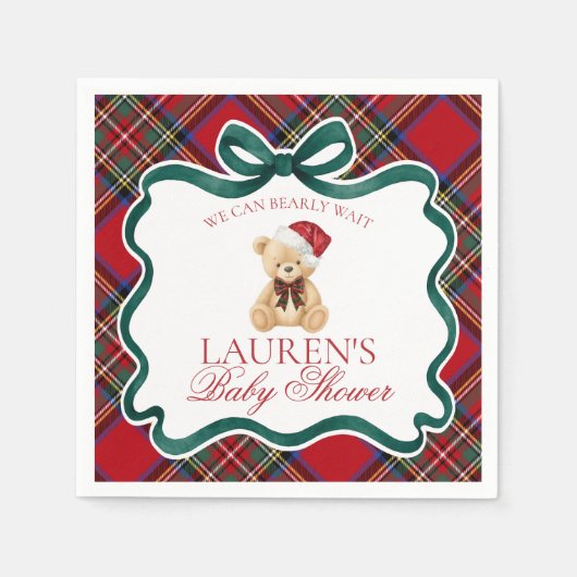 Roter Schottenkarode Weihnachtsbär Baby Shower Serviette (Vorderseite)