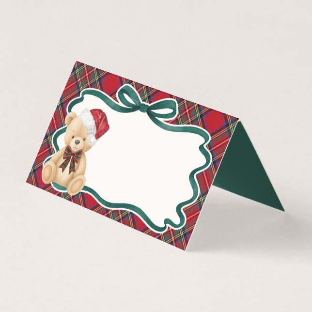Roter Schottenmuster-Weihnachtsbär-Tischplatzkarte (Vorderseite)