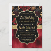 Roter Schwarz- und Gold-Blütenmarmor 21. Geburtsta Einladung (Vorderseite)