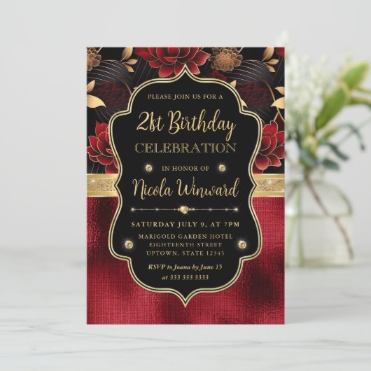 Roter Schwarz- und Gold-Blütenmarmor 21. Geburtsta Einladung (Stehend Vorderseite)