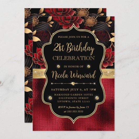Roter Schwarz- und Gold-Blütenmarmor 21. Geburtsta Einladung (Vorne/Hinten)