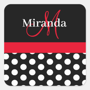 Roter Schwarz-weißer Polka Dot Monogram Square Sti Quadratischer Aufkleber