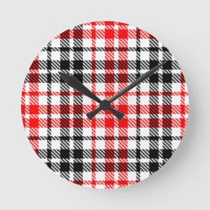 Roter Schwarz Zwirn Kariert Tartan Auf Weiß Runde Wanduhr