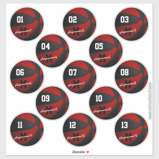 Roter schwarzer Basketball-Brauch 13 Spieler Namen Aufkleber (Blatt)