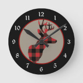 Roter schwarzer Büffel-karierter Rotwild-Kopf Runde Wanduhr (Vorderseite)