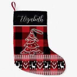 Roter schwarzer Büffel Karo personalisierter Name Kleiner Weihnachtsstrumpf