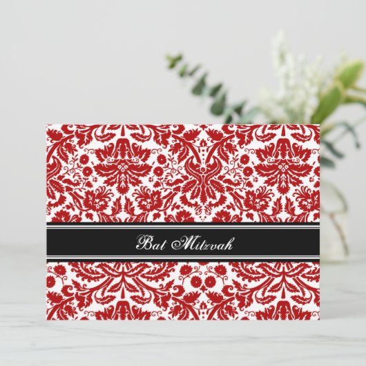 Roter Schwarzer Damast Bat Mitzvah Einladungen (Stehend Vorderseite)